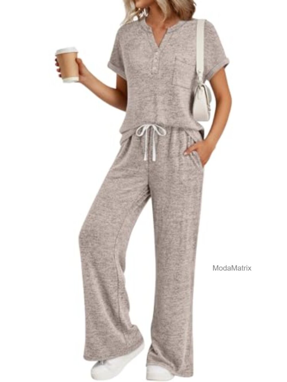 Women 2 Piece Lounge Set Henley Top Wide Leg Pants Travel Airport Outfit